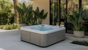 Spa extérieur mlSPA de Lekovic Industries installé sur une terrasse moderne, spa design avec jets hydromassants