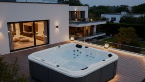 Spa Lekovic installé sur une terrasse en bois, devant une maison contemporaine, offrant un espace bien-être extérieur haut de gamme