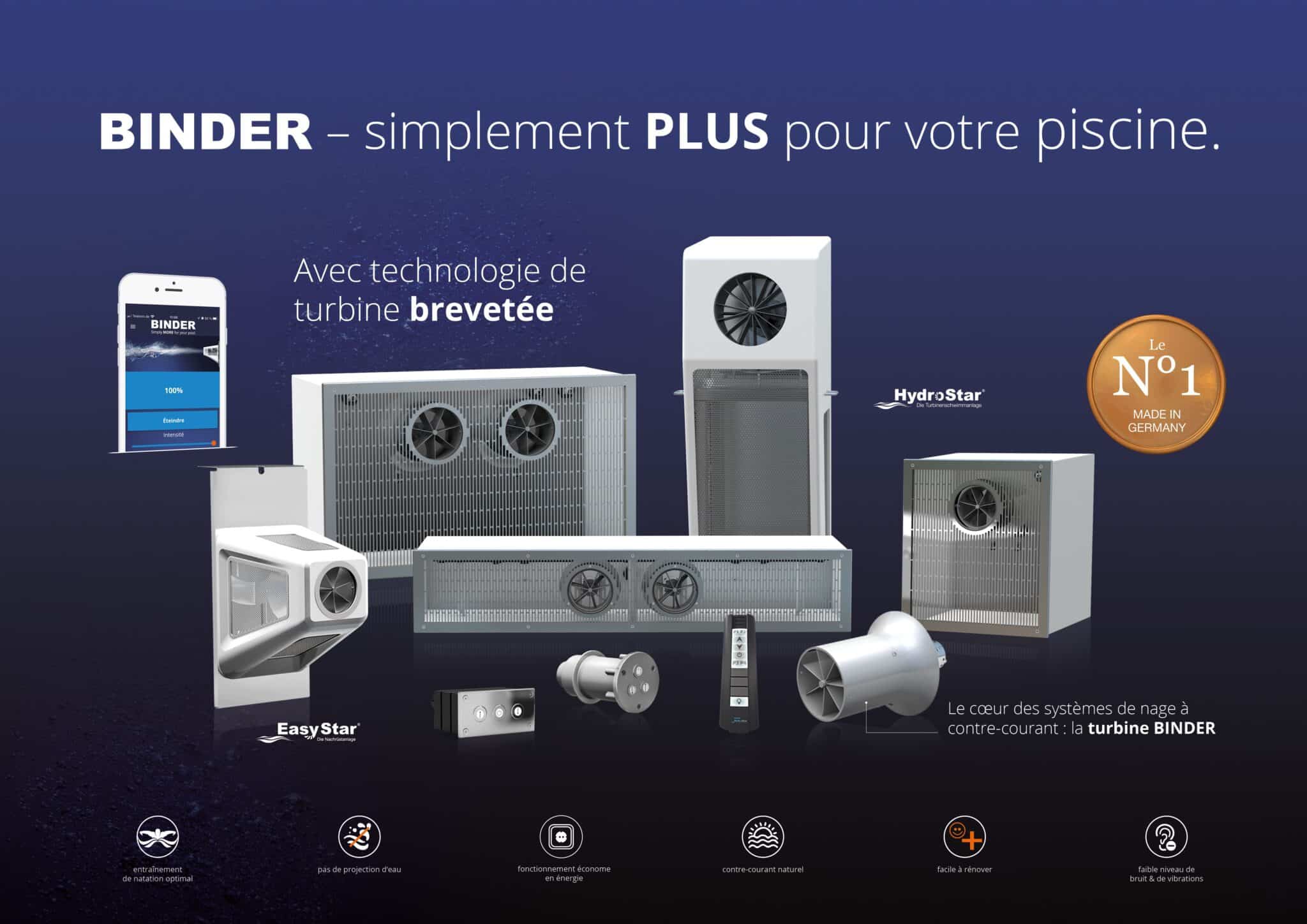 Système de nage à contre-courant EasyStar de Binder avec divers équipements et accessoires pour piscines.