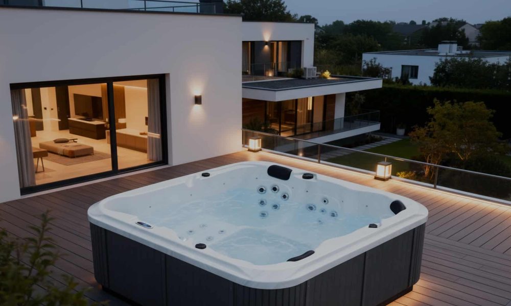 Spa Lekovic installé sur une terrasse en bois, devant une maison contemporaine, offrant un espace bien-être extérieur haut de gamme